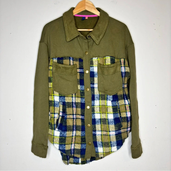 Anthropologie Pilcro Green Blue Plaid Contrast Button Down Shirt Jacket Size S - Picture 2 of 15